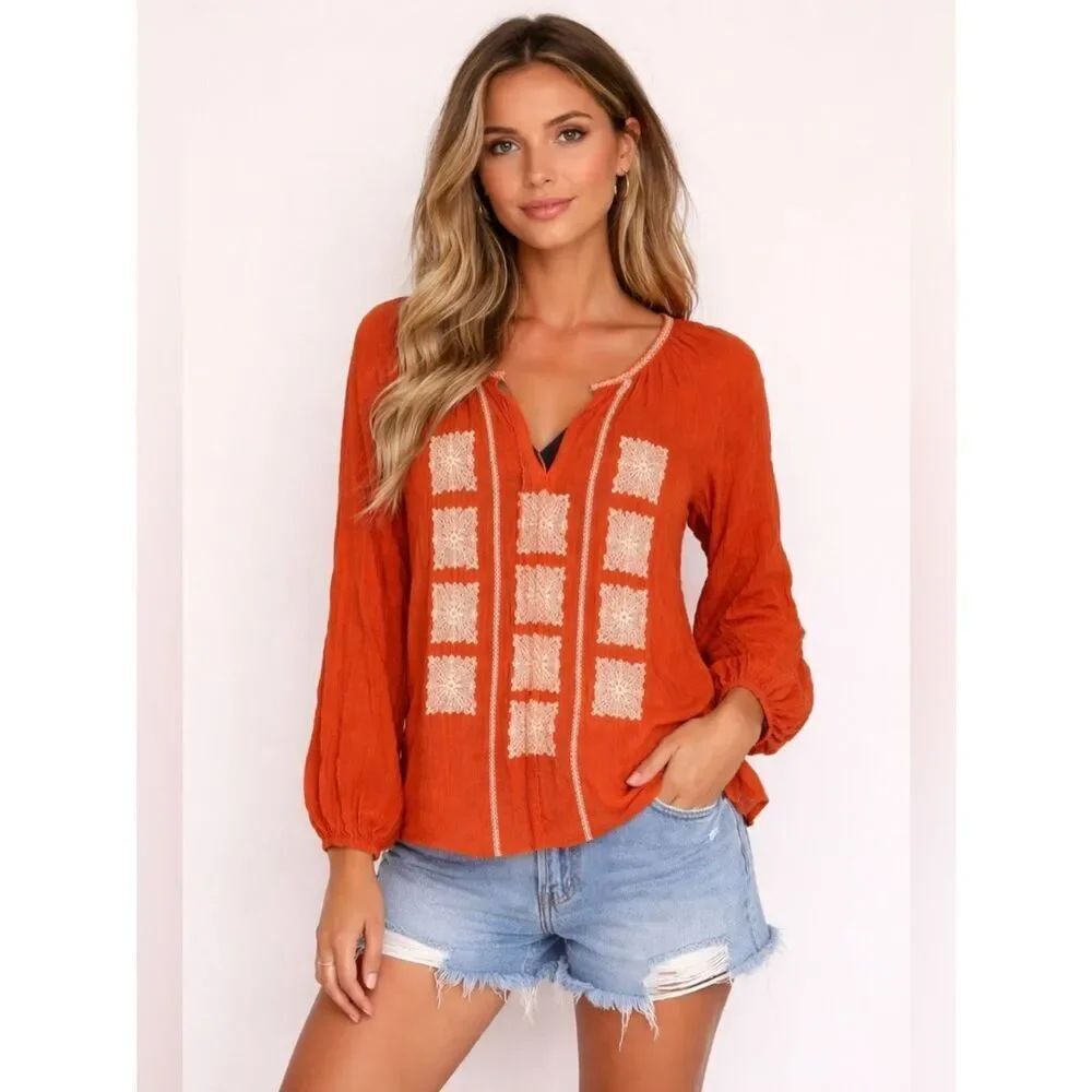 Anthropologie Tolani Orange Peasant Top with White Embroidery